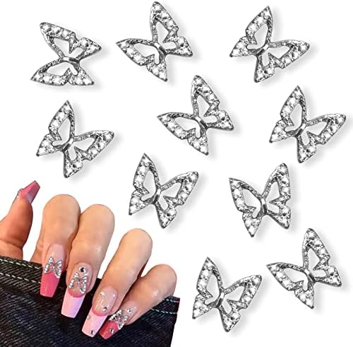 20Pcs Metal Butterfly Nail Gems Nail Rhinestones Shiny Crystal Nail Art Charms for Women DIY Nail Designs Supplies (Silver)