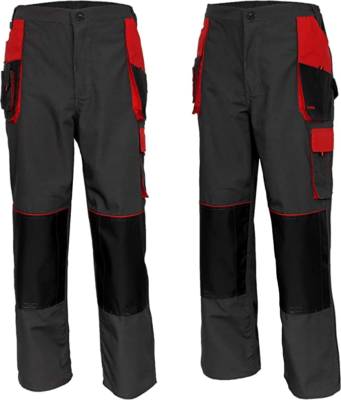ART.MASClassic Mens Multi Pocket Cargo Heavy Duty Pro Work Trousers, Triple Stitched Cordura Reinforcing Stress Points Knee Pad Pockets, Grey-Red