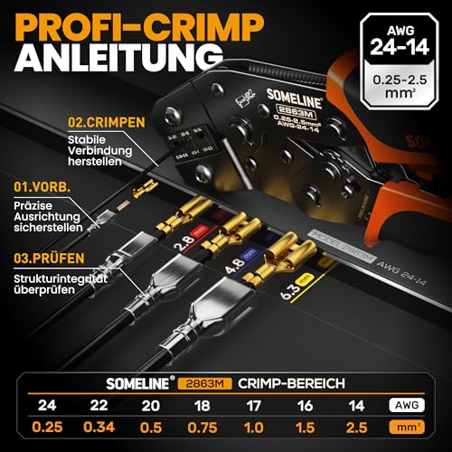 SOMELINE Crimpzangen Set, 6 Arten [0,25-2,5mm²] Flachsteckhülsen Set, Flachsteckhülsenzange, Spade Steckverbinder Krimpzange, Crimpzangen Tool, Crimp Zange, Crimpwerkzeug, Crimp Tool, Presszange