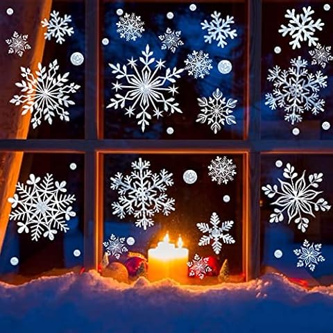 DC-BEAUTIFUL 318 Pcs Christmas Snowflakes Clings Decoration Set, White Christmas Theme Window Stickers, Winter Snow Flakes Clings Party Decal (12 Sheets) Cover