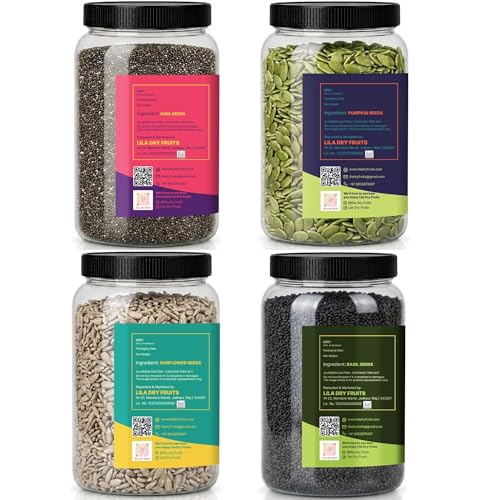Image of LILA DRY FRUITS Seeds Combo Pack Pumpkin Sunflower Chia Basil Seed 100 g x 4 | Raw Mixed Super Seeds for Daily Nutrition, Smoothies, Salads & Healthy Snacking Perfect for Gifting