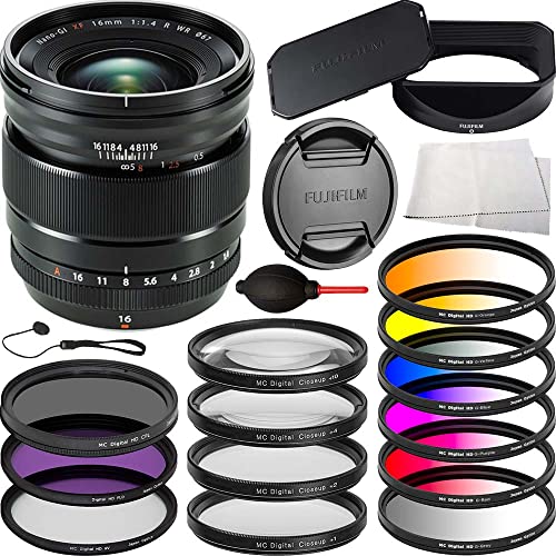 FUJIFILM XF 16mm f/1.4 R WR Lens with Advanced Accessory Bundle. Bundle Includes: Lens Hood, 3PC (UV,CPL,FLD) Filter Kit, 4PC Macro (+1, +2, +4, +10) Filter Kit, 6PC Gradual Color, Filter Kit, & More.