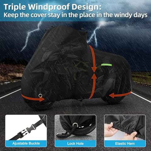Image of Motorcycle Cover for Kawasaki Z125 /Z125 Pro /KLX 110, Heavy Duty Outdoor Sun UV Rain Dust Waterproof All Weather Protection Windproof Motorbike Cover with Soft Cotton Lining & Lock Hole-Black