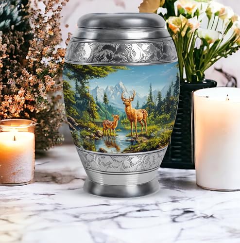 Image of Deer Urn - Small Cremation Urn for Ashes for Women & Men - Keepsake Funeral Urns for Male Dad - Combo of 10 Inch & 3 Inch