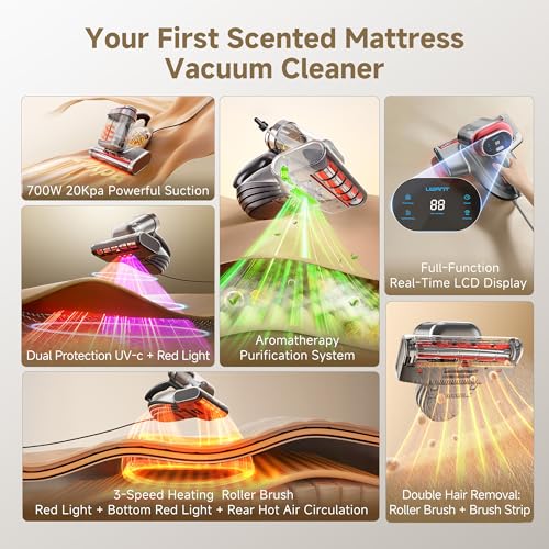 Image of uwant 20Kpa Powerful Mattress Vacuum 700W Motor Bed Vacuum Set of 1 | Triple Hot Bed Vacuum, 60000RPM Tap, Aroma Care, UV-C Light and Ultrasonic, 20.3 oz Dust Cup, Mattress Vacuum for Bed, Sofa