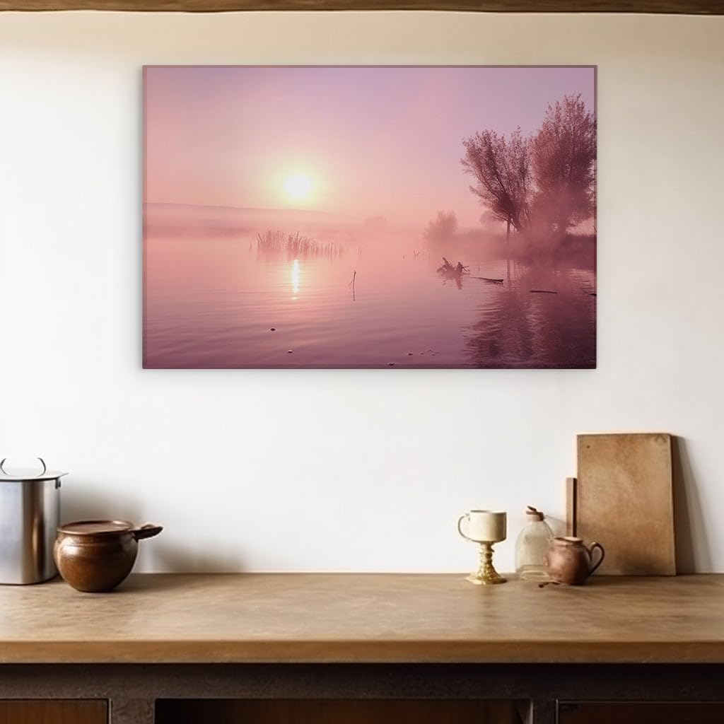 Canvas for Living room. Dawn's Gentle Embrace: Early Morning Serenity on a Misty Lake, 27 x 18 inch Canvas Wall Art - Contemporary Masterpieces - Modern Home Decor - 130x86 cm (51x34 inch)