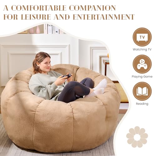 Image of Cozy Faux Fur Floor Chair, Pre-Filled Memory Foam Bean Bag for Teens and Petite Adults, Compact Accent Seating for Reading Nook and Bedroom Decor, Khaki