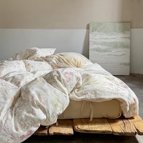 Image of VM VOUGEMARKET Fresh Floral Double Layer Gauze Full Duvet Cover Set, Soft Crinkled Cotton Muslin Bedding Set, Lightweight Breathable Botanical Print Comforter Cover for Cottagecore Bedroom