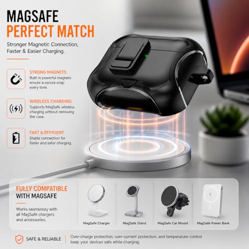 Image of Mizi AirPods Pro 3 Case (2025) with Lock & Phone Stand, MagSafe Compatible Protective Cover with Auto-Open Lid, Shockproof TPU+PC Case with Cleaning Kit & Keychain - Black
