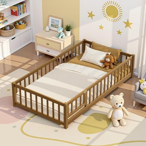 Image of i-POOK Twin Floor Bed Frame with Wood Slats, High Fence & Small Door, Pinewood Montessori Floor Bed for Girls and Boys,Light Espresso