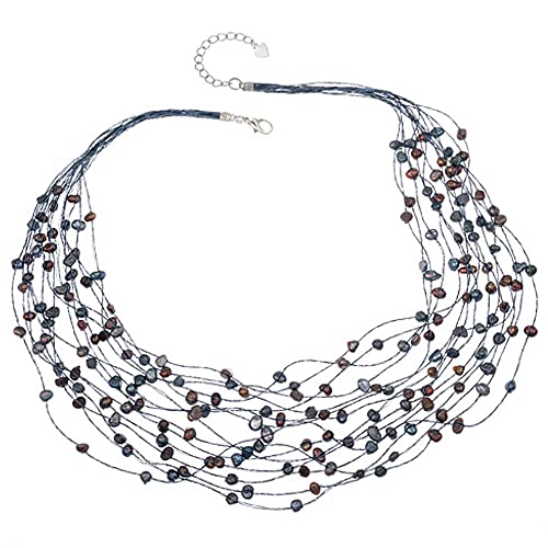 CHUVORA Silk Thread and Black Cultured Freshwater Pearl Multi Strand Cluster Necklace, 17-19 inches