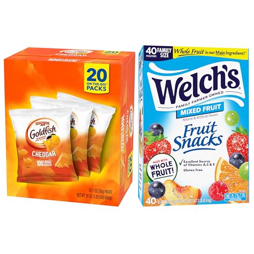 Image of Goldfish and Welch's Fruit Snacks for Back to School, 1 Box of Goldfish Cheddar Cheese Cracker Packs (20 Count) and 1 Box of Welch's Mixed Fruit Snack Packs (40 Count)