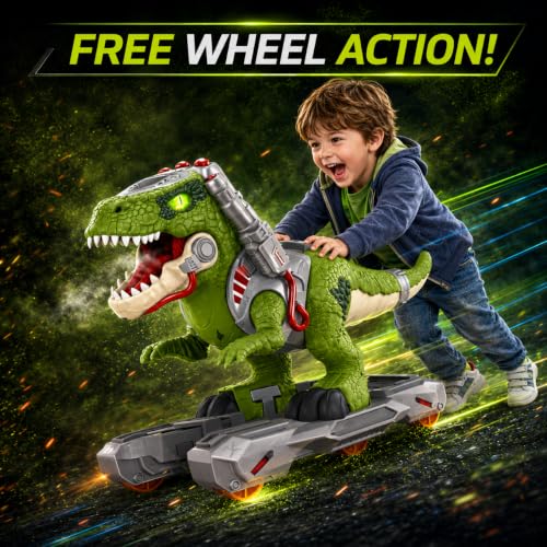 Image of Dinosaur Ride On Push Car for Little Kids, Battery Operated Push & Ride Electric Foot-to-Floor Sliding Rideable Toy Scooter with Music, Light & Smoke for Toddlers (Green)