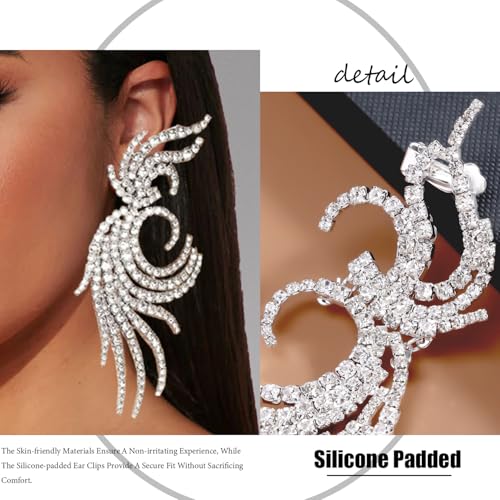 Large Silver Rhinestone Clip On Earrings For Women Dressy Oversized Crystal Statement Earrings Trendy Jewelry (Silver)4