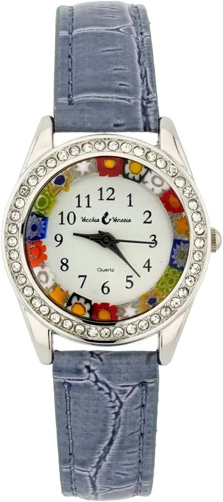 Glass Of Venice Murano Glass Watch Millefiori and Crystals with Leather Band - Light Blue