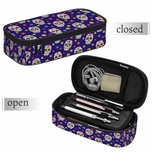 Image of Candy Skulls Pencil Case Flowers Leaves Skull Hearts Pencil Bag Pen Markers Pouch Holder Organizer for Boy Girl School Students