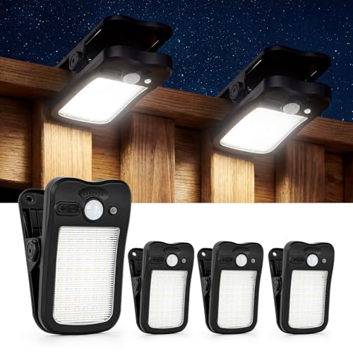 OrbitShell 4 Pack Clip On Solar Lights Outdoor 60 LED 500LM Motion Sensor Clamp Light USB & Solar Powered Waterproof Security Lights for Fence Gutter Deck Camping 1-Second Fast Install