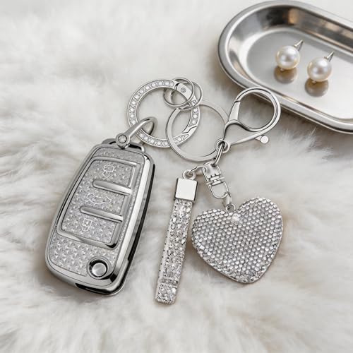 Simocky Compatible with Audi Key Fob Cover with Heart Keychain, Girly Soft TPU Car Key Shell Case for Women, Compatible with Audi A1 A3 Q3 Q7 R8 A6L TT Smart Remote Key Protector (3 Buttons-Silver) by Simocky - Used condition - Image 4