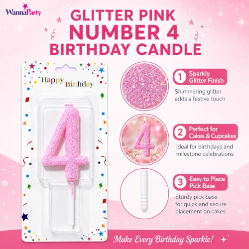 Image of Wanna Party Glitter Designer Pink Number 4 Birthday Candle, Numerical Cake Candle for 4th Birthday, Cake Cutting, Party Decoration & Celebration Supplies - 1PC