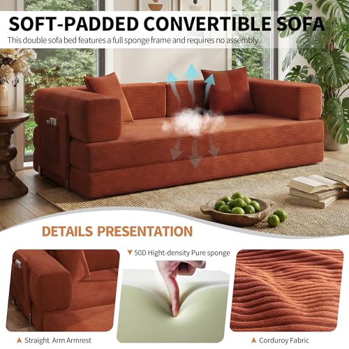 78.8" Convertible Sofa Bed with Armrest Pillow, 4-in-1 Sleeper Couch Bed for Livingroom, Modular Corduroy Boneless couches, No Assembly (Orange) - Image 4