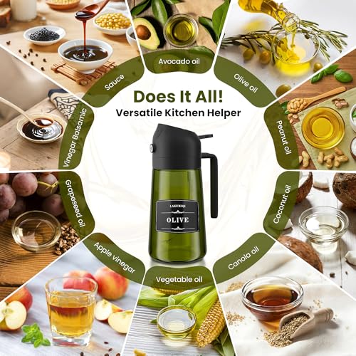 Image of Oliver Oil Sprayer Dispenser for Cooking Bottle 16oz Green Glass 2pcs Black | 2-in-1 Lightproof Borosilicate Glass Oil Bottle, Wide Mouth for Easy Refill Clean