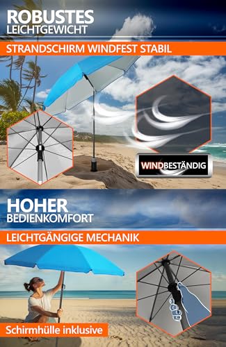 4smile Sonnenschirm Strand 3-IN-1 SET mit Bodenhülse, Ø 180 cm, Himmelblau