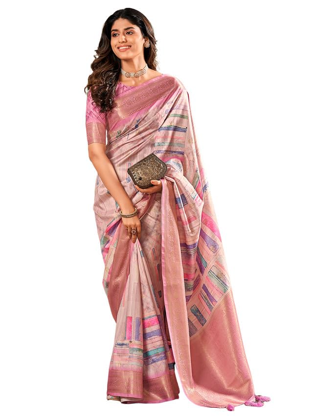 Satrani Women's Handloom Silk Digital Printing & Jacquard Saree With Unstitched Blouse Piece (3294S1041N_Light Pink1)