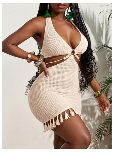 Floerns Women's Summer Knitted V Neck Tassel Cut Out Bodycon Mini Dress Halter Tie Back Crochet Beach Dresses4