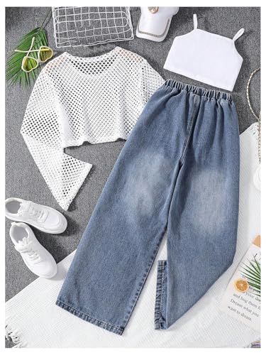 Image of GORGLITTER Girl's 3 Piece Outfit Long Sleeve Fishnet Mesh Tee Top Camisole Ripped Jeans Denim Pants Set White 12Y