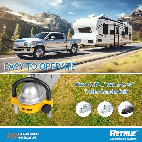 Image of RETRUE Universal Trailer Ball Lock Hitch Coupler Locks Fits 1-7 /8 Inch, 2 Inch, 2-5 /16 Inch Couplers Adjustable Security with Weatherproof Cover and Cap, Yellow