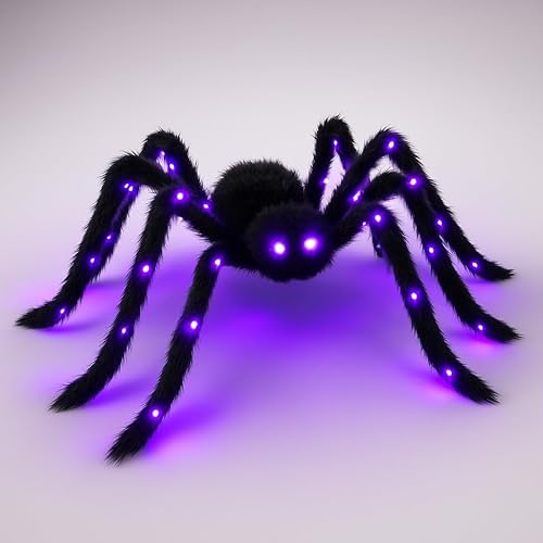 KatchOn, Araña gigante iluminada para exteriores, 4 pies, araña LED peluda realista, araña morada y negra con patas flexibles para decoración de