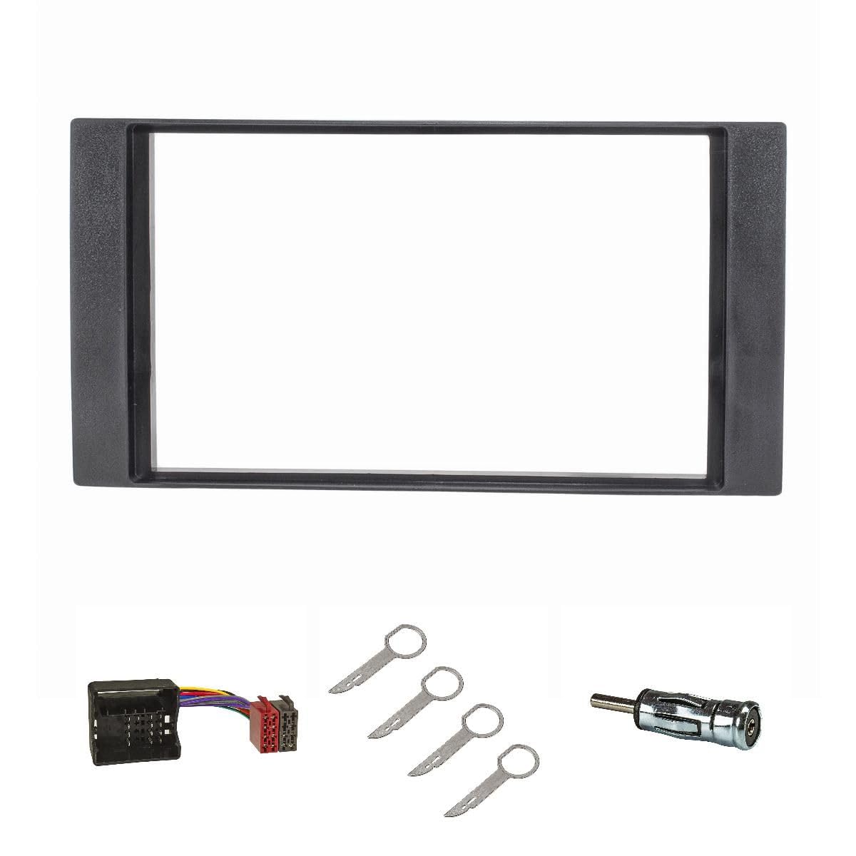 tomzz Audio 2415-072 Doppel DIN Radioblende Set kompatibel mit Ford Focus 2 Fiesta C-Max S-Max Galaxy Mondeo Kuga Transit schwarz Quadlockadapter ISO Antennenadapter Entriegelungsbügel