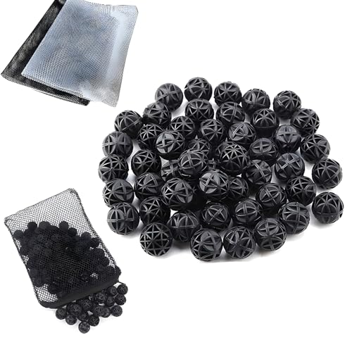 CESFONJER 35 Stücke Bio Filterbälle Filtermedium BalanceBalls Bio Poröse Filter Biochemische Ball | Durchmesser von 26 mm, reduziert Anzahl Wasserwechsel, 2 Stücke Aquarium Filtertüten 15x20CM