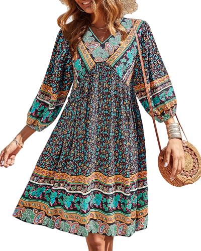 Image of BTFBM Women Casual Spring Summer Dresses V Neck 3 /4 Long Sleeve Ruffle Floral Flowy Boho Babydoll Mini Short Beach Dress