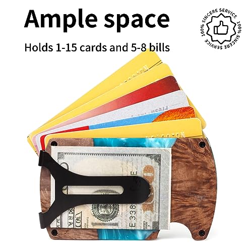 Image of Wallet for Men, Minimalist Slim RFID Blocking Resin Wood Credit Card Holder with Money Clip, Easily Removable Cash&Card Metal Wallet,Resin River,Natuarl Walnut Wood,Unique Pattern,Gift for Men