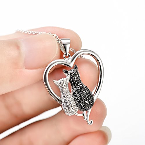 Angel Caller Cat Necklaces Christmas Gifts For Women 925 Sterling Silver Black Two-Tone Cubic Zirconia Double Cat Pendant Necklace Jewelry Rolo Chain,Eternal Love Heart Necklace For Women,Girls #TOP5