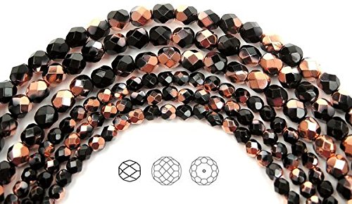 4mm (102 Beads) Jet Capri Gold Half Coated, Czech Fire Polished Round Faceted Glass Beads, 16 inch Strand