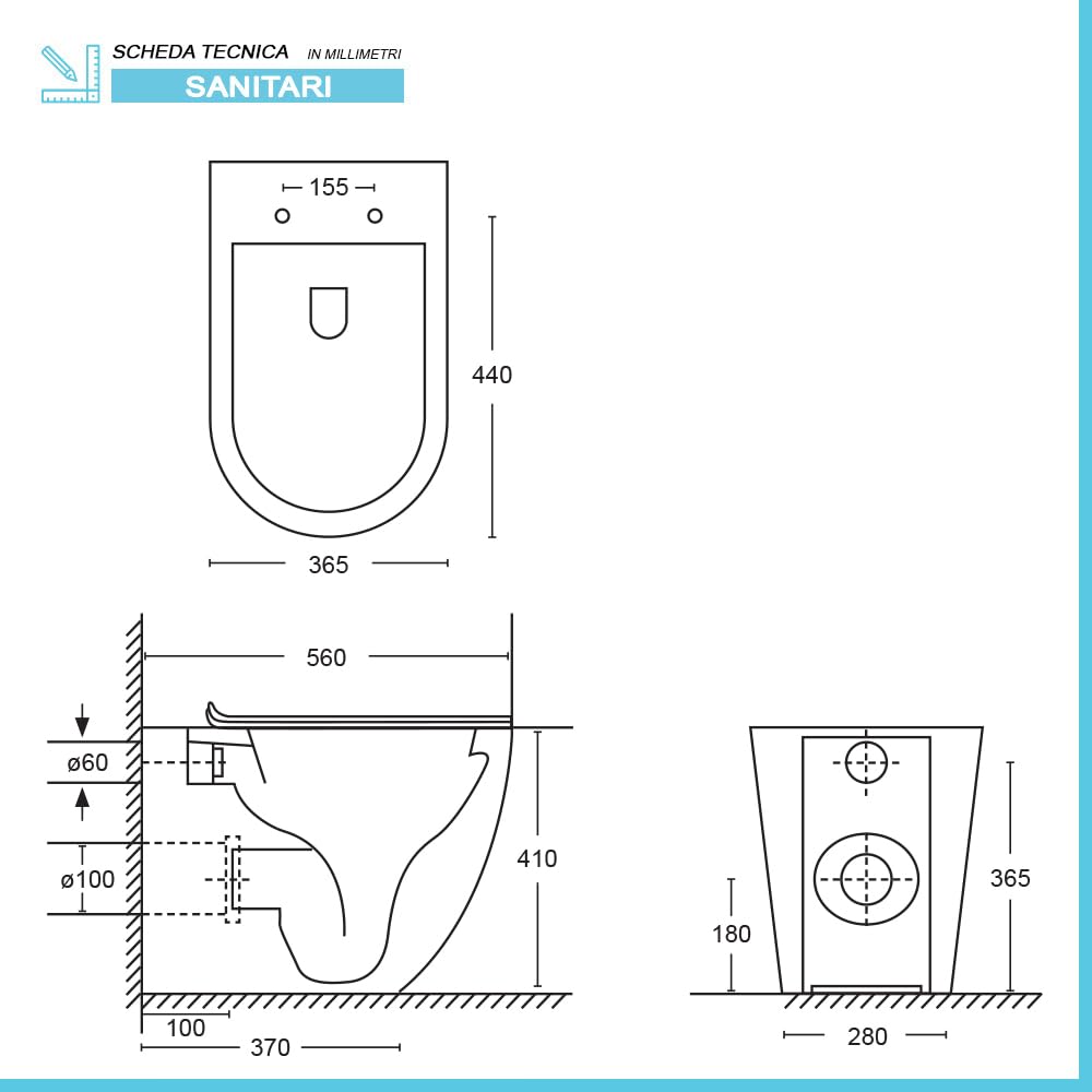 Wc filomuro con risciacquo a vortice e copriwc soft-close, sistema di scarico universale a parete o a terra, serie TAO