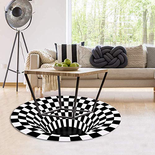 Alfombra redonda ANSGEC 3D ilusión alfombra negra y blanca visión estéreo antideslizante puerta piso alfombra redonda para sala de estar, dormitorio, cocina sofá Cover