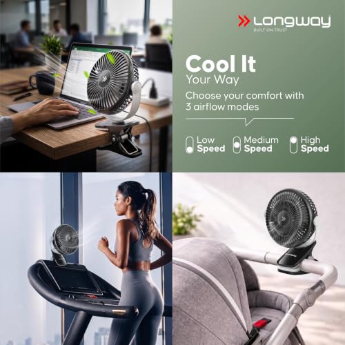 Image of LONGWAY Clipzy Portable Rechargeable Clip Fan with 360 Rotation | 3 Speed Control | BLDC Motor | Type-C Charging | Silent Operation Table Fan for Home, Office & Travel | 1 Year Warranty (Black)