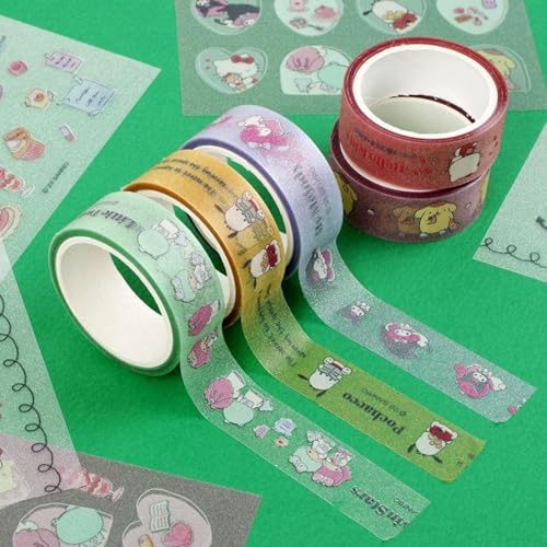 Image of GASHINA STORY Masking Tape & Stickers Set - 5 Pcs for Crafts & Decor - Twinkle Pearl Design - Cute Kawaii Masking Tape Bulk - for Diary /Journal /Planners - Gift Box (San-Rio Characters)