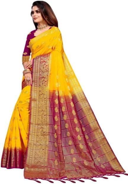 HOUSE OF QUEEN Women Designer Banarasi Silk Woven Booti Saree (Yellow)