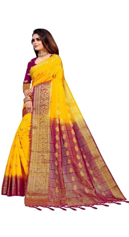 HOUSE OF QUEEN Women Designer Banarasi Silk Woven Booti Saree (Yellow)