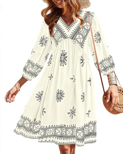 BTFBM Womens Summer Dresses 2026 Casual V Neck 3/4 Long Sleeve Ruffle Floral Flowy Boho Babydoll Mini Spring Beach Dress(Print White, Medium)