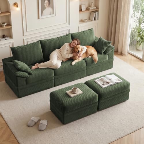 107" Modular Sectional Sofa Boneless Couch with Storage,U-Shape 3 Seat Comfy Modern Cloud Couch Sofa with Ottoman, 27" Deep Seat Corduroy Sofa for Living Room, Tool-Free Assembly - Green - image 3