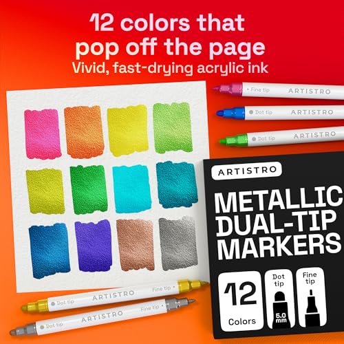 Image of ARTISTRO 12 Metallic Dual-Tip Acrylic Paint Markers - Paint Pens Set with Dot & Fine Tips for Fabric, Rock, Glass, Wood, Coloring Books - Arts & Crafts Gift - Classroom Must Haves & School Supplies