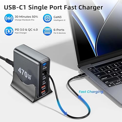 Image of MX 470W USB C Charging Station 6-Port Charging Adapter,140W Multi-Port USB Charging, GaN Ⅲ PD PPS Fast Charging Station for Multiple Devices,Laptop,MacBook, DELL, iPad, iPhone
