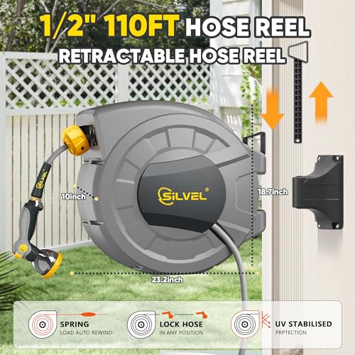 Image of SILVEL 1 /2 in x 110 FT Retractable Garden Hose Reel, UV Resistant Heavy Duty Automatic Hose Reel Wall Mount with 10 Pattern Nozzle, Any Length Lock & Slow Return System, 180Swivel Bracket, Yellow