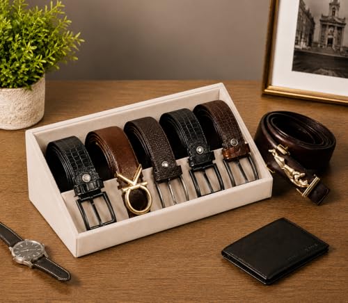 Image of La Trove 5 Slot Belt Organizer Display Tray for Men, Cream | Stackable tray keeps formal, casual and leather belts arranged neatly in wardrobe, closet, drawer, dresser or dressing table