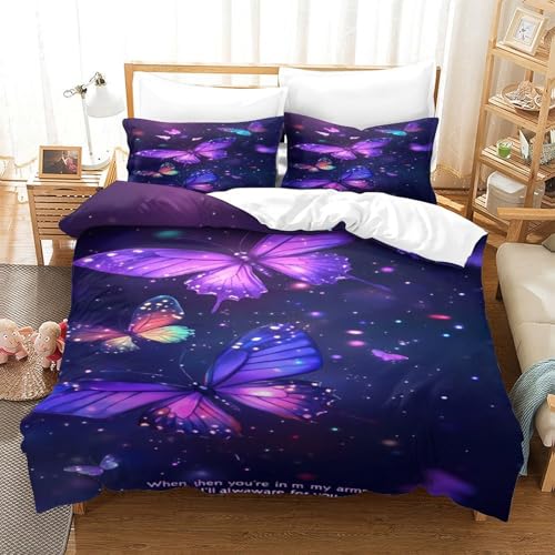 Housse de couette papillons violets 3D parure lit King drap microfibre avec taies